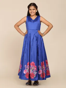 Girls Blue Floral Maxi Gown Dress