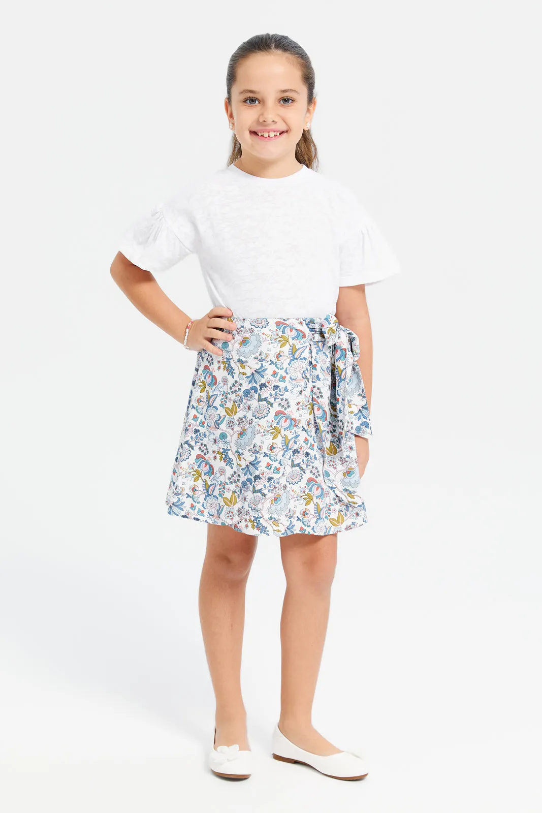 Girls White Printed Rayon Twill Printed Skirt