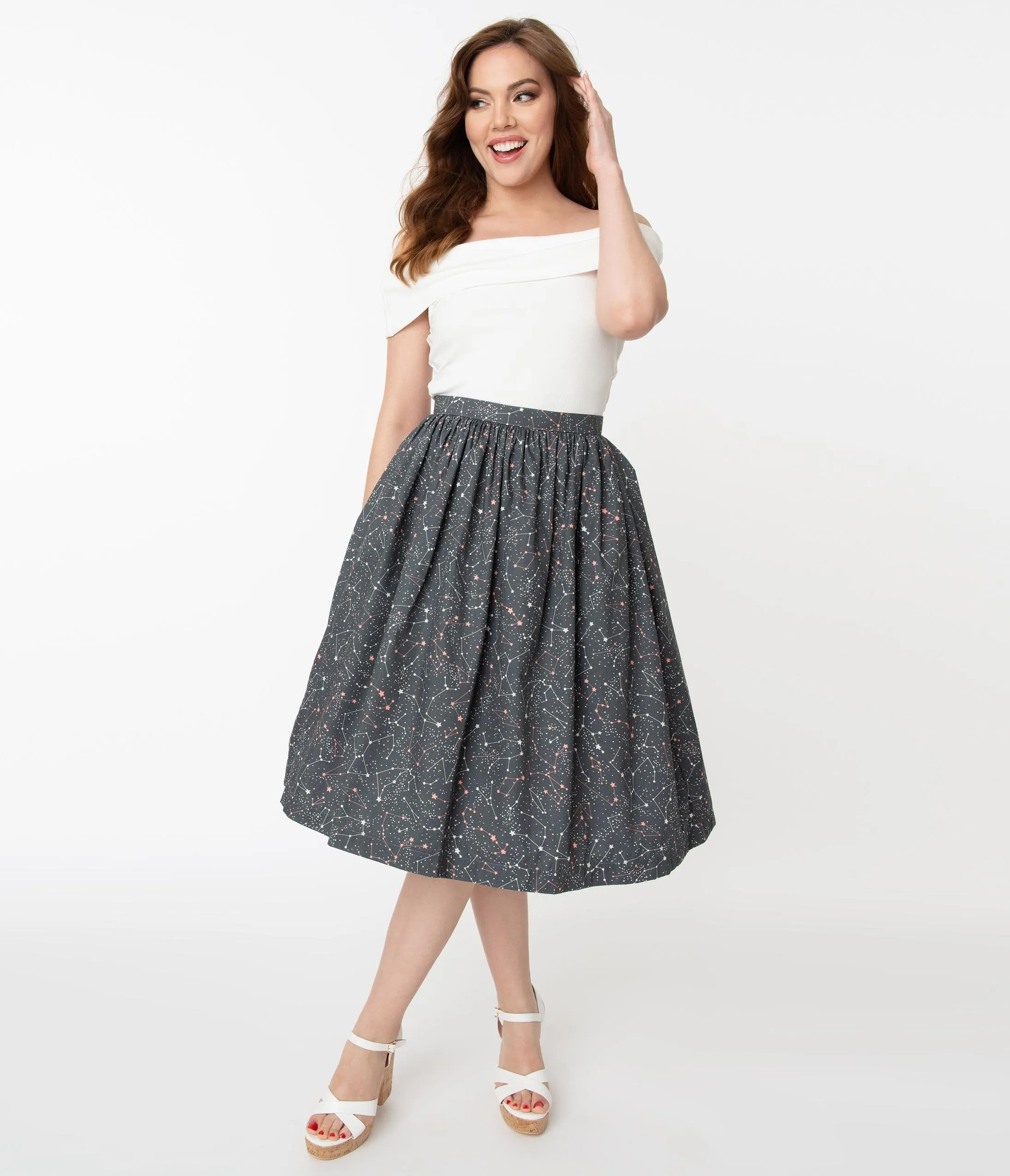 Grey Constellation Print Gathered Swing Skirt