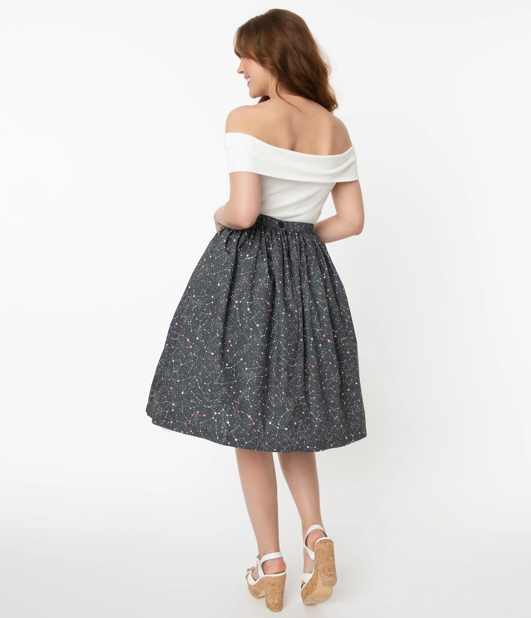 Grey Constellation Print Gathered Swing Skirt