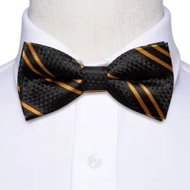 Hi-Tie Boys Tie Black Yellow Striped Kids Bow Tie Hanky Cufflinks Set