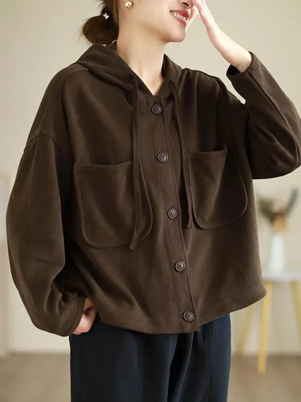 Hooded Long Sleeves Buttoned Drawstring Pockets Solid Color Outerwear