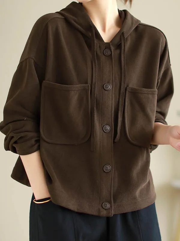 Hooded Long Sleeves Buttoned Drawstring Pockets Solid Color Outerwear