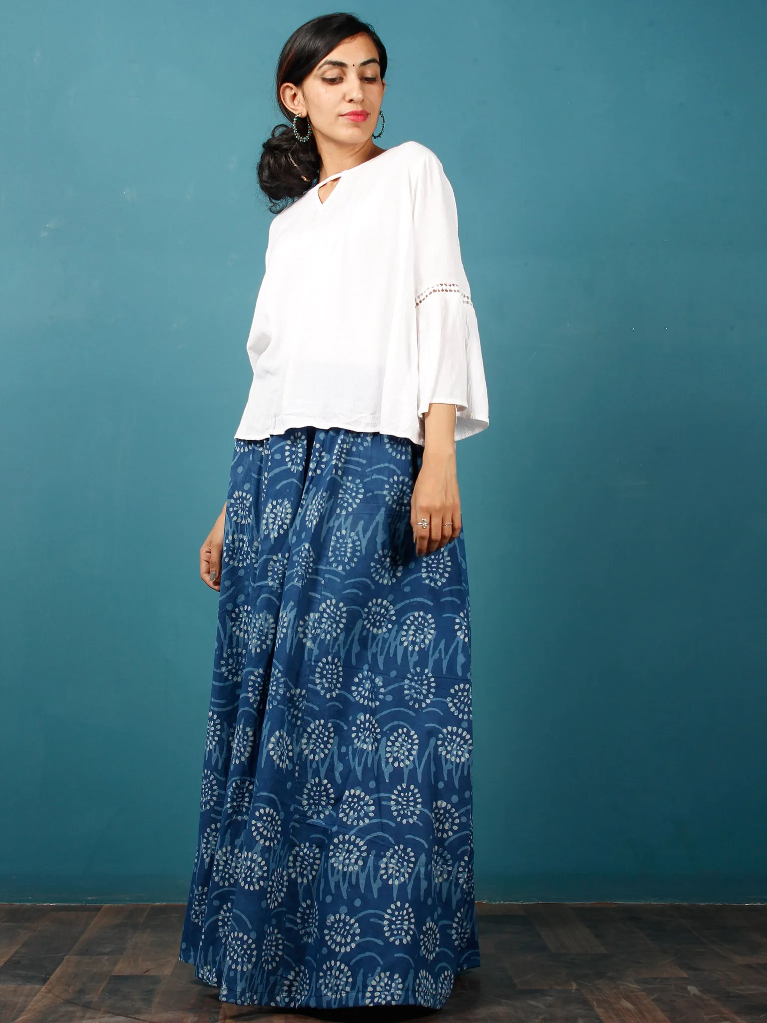 Indigo White Hand Block Printed Skirt  - S40F355