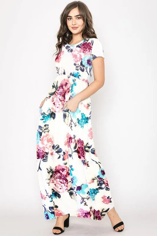 Ivory Floral Short Sleeve Maxi Dress 1436