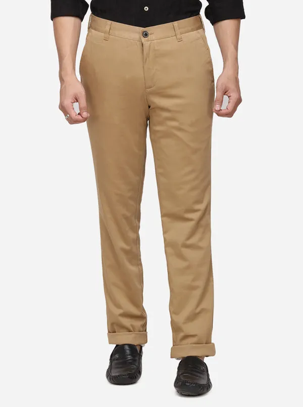 Khaki Solid Slim Fit Casual Trouser | JadeBlue