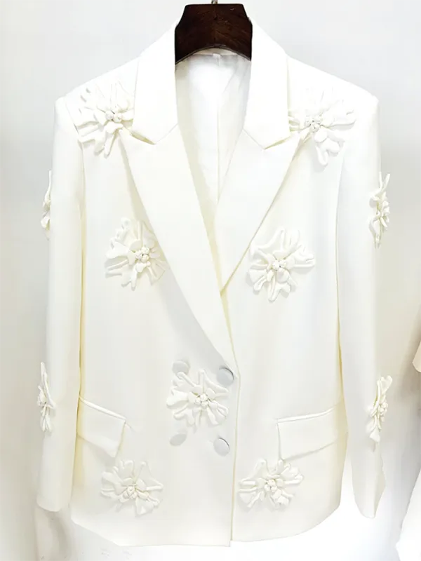 Long Sleeves Flower-Embellished Solid Color Lapel Blazer Outerwear