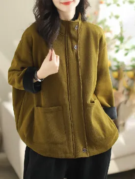 Long Sleeves Loose Buttoned Keep Warm Pockets Split-Joint Velvet Zipper Stand Collar Outerwear