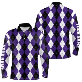 Mens Golf Polo Shirts Custom Purple Argyle Plaid Halloween Pattern Golf Attire For Men, Golfing Gifts