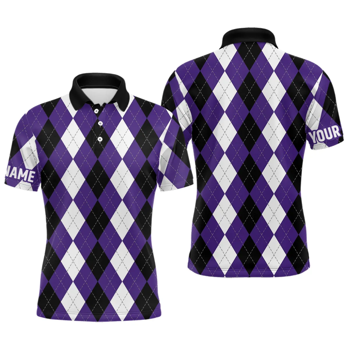 Mens Golf Polo Shirts Custom Purple Argyle Plaid Halloween Pattern Golf Attire For Men, Golfing Gifts