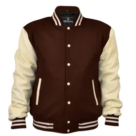 Men's Varsity Jackets Genuine Leather Sleeve And Wool Body Brown/Cream