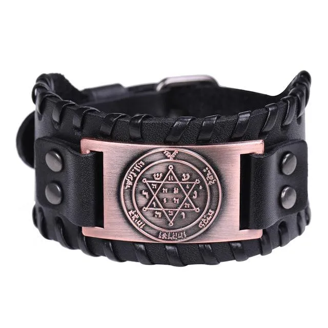 Mens Wide Leather Kabala Amulet Bracelets