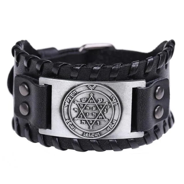 Mens Wide Leather Kabala Amulet Bracelets