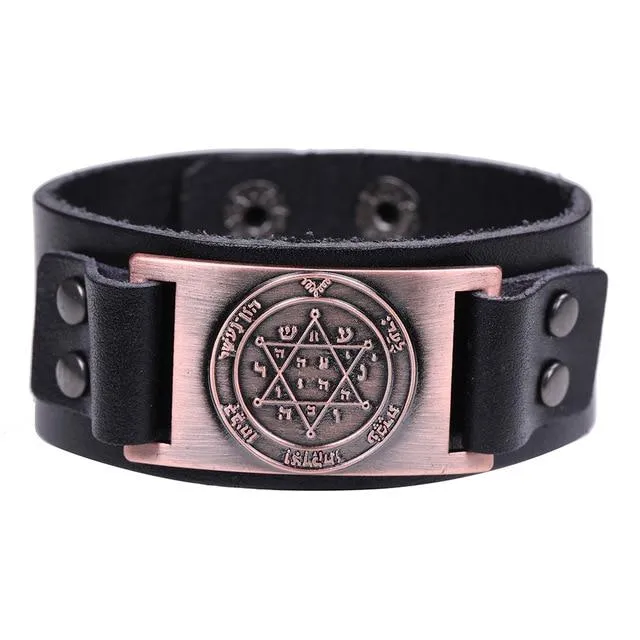 Mens Wide Leather Kabala Amulet Bracelets