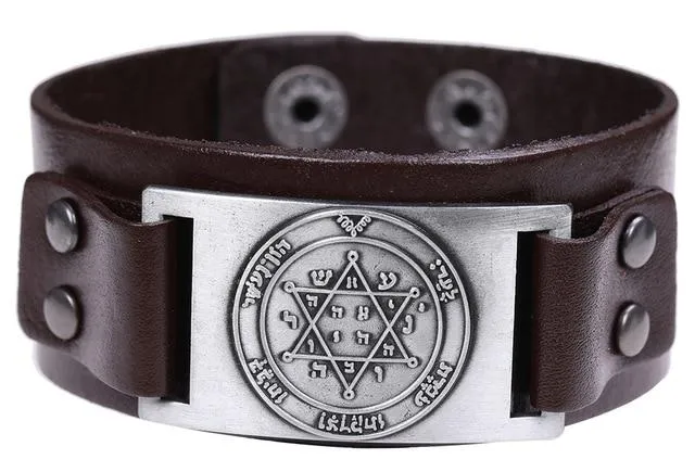 Mens Wide Leather Kabala Amulet Bracelets