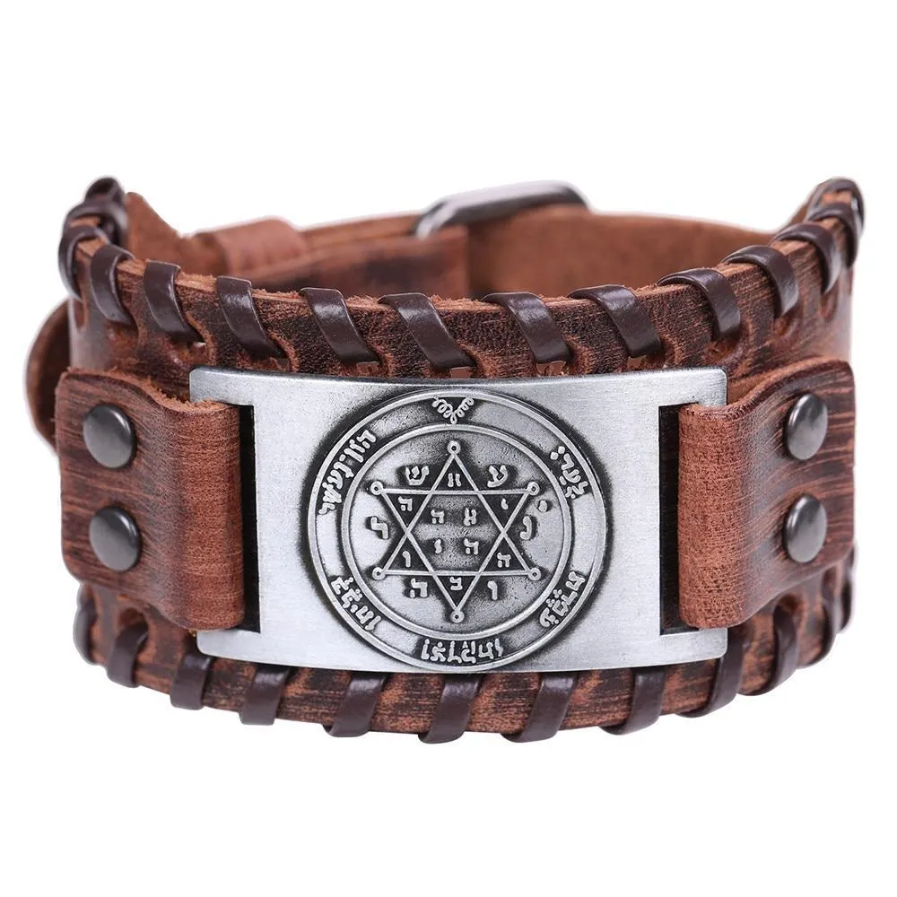 Mens Wide Leather Kabala Amulet Bracelets