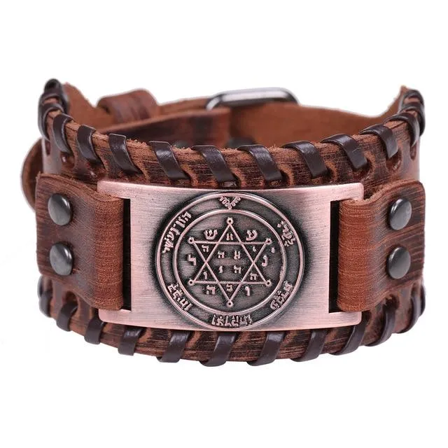 Mens Wide Leather Kabala Amulet Bracelets