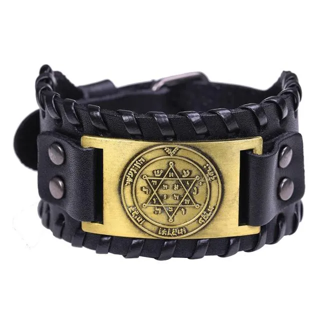 Mens Wide Leather Kabala Amulet Bracelets