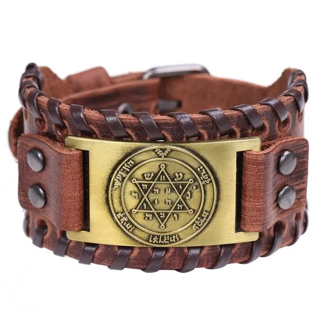 Mens Wide Leather Kabala Amulet Bracelets