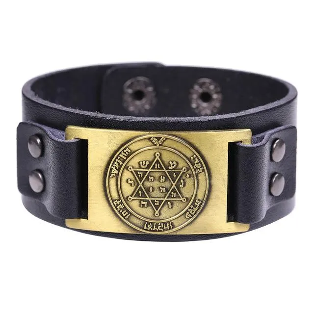 Mens Wide Leather Kabala Amulet Bracelets