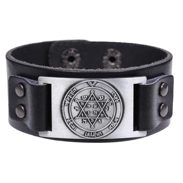 Mens Wide Leather Kabala Amulet Bracelets