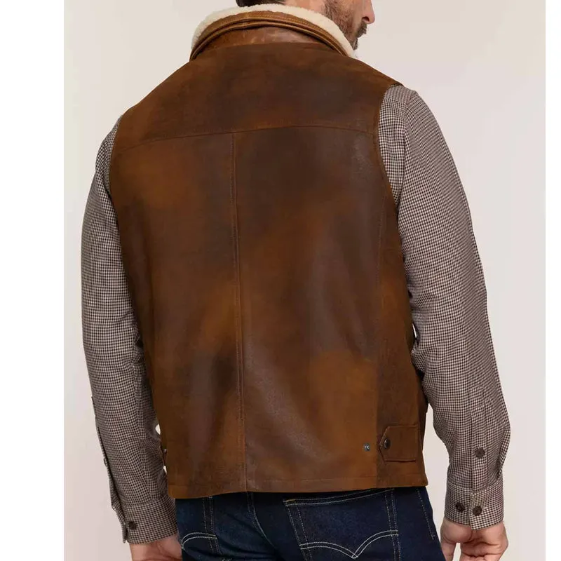 Mens Winter Brown Leather Warm Vest Removable Shearling Collar