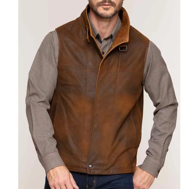 Mens Winter Brown Leather Warm Vest Removable Shearling Collar