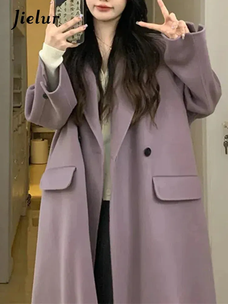 Metaversmall Purple Casual Long Woolen Coat Women Raglan Sleeve Winter Blends Coats Female Black Single Button Office Lady Outerwear