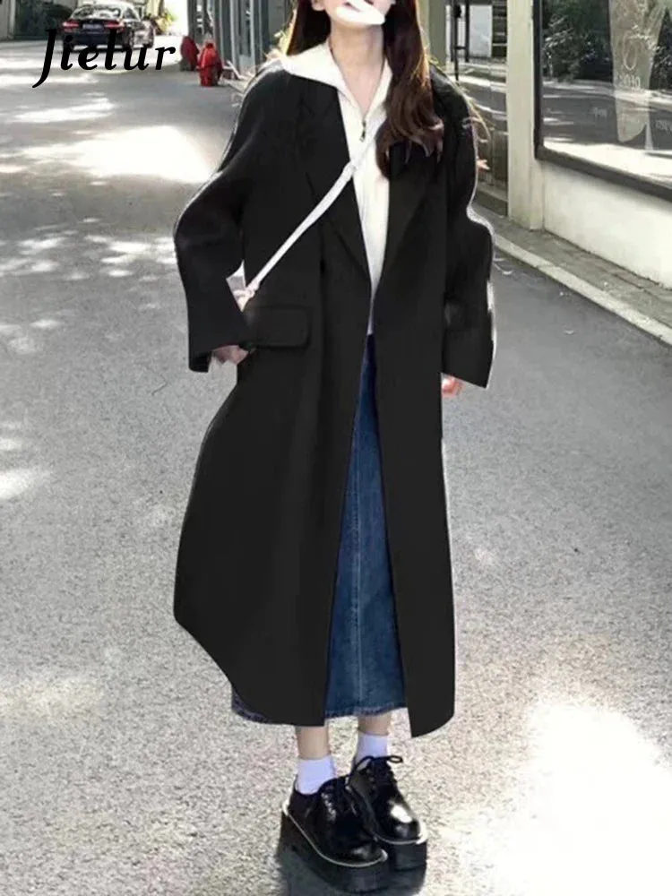 Metaversmall Purple Casual Long Woolen Coat Women Raglan Sleeve Winter Blends Coats Female Black Single Button Office Lady Outerwear