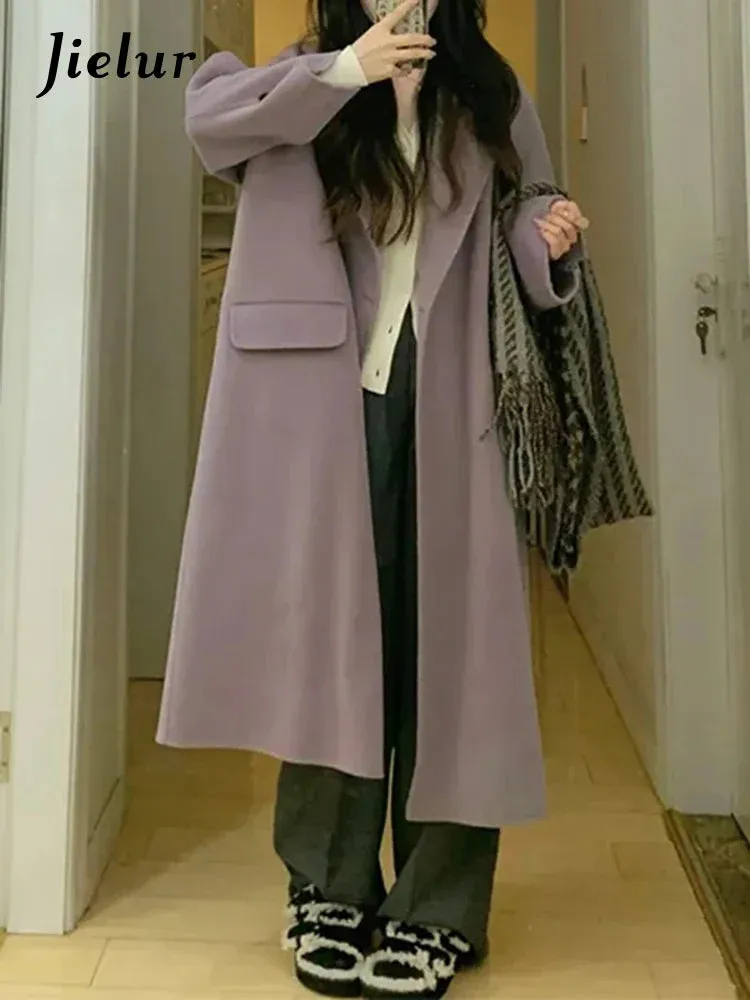 Metaversmall Purple Casual Long Woolen Coat Women Raglan Sleeve Winter Blends Coats Female Black Single Button Office Lady Outerwear