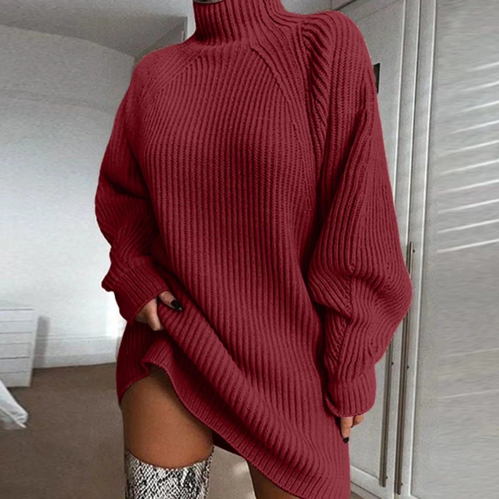 Oversized Knitted Elegant Mini Sweater Casual Turtleneck Dress