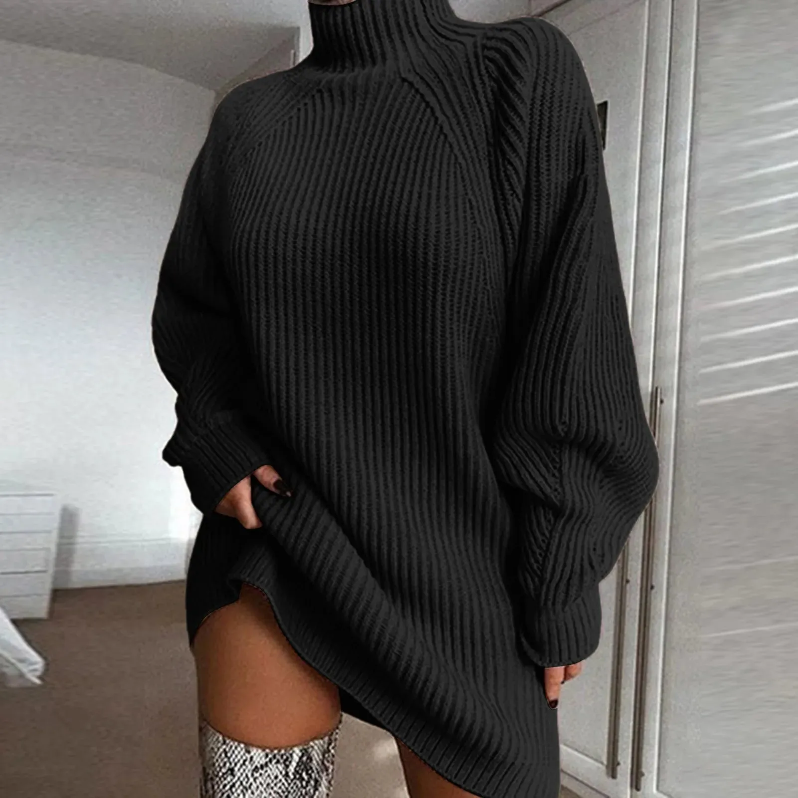 Oversized Knitted Elegant Mini Sweater Casual Turtleneck Dress