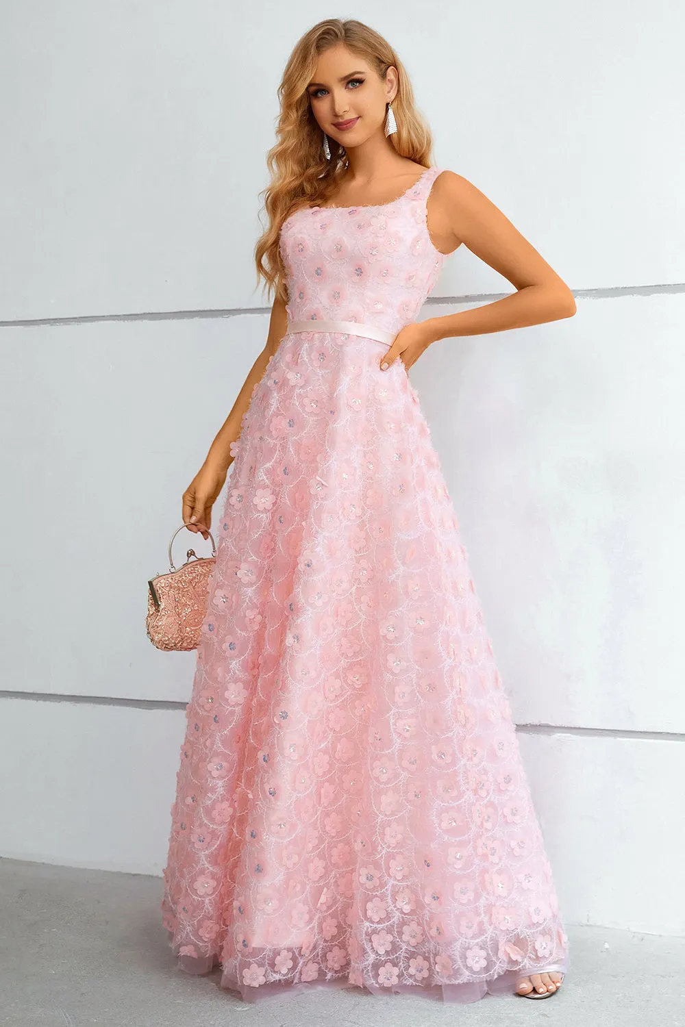 Pink A-Line Lace-Up Back Prom Dress With 3D Flowers