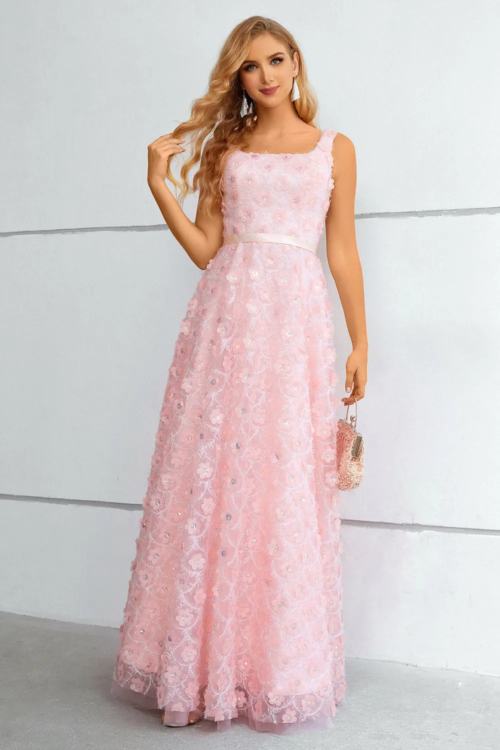 Pink A-Line Lace-Up Back Prom Dress With 3D Flowers