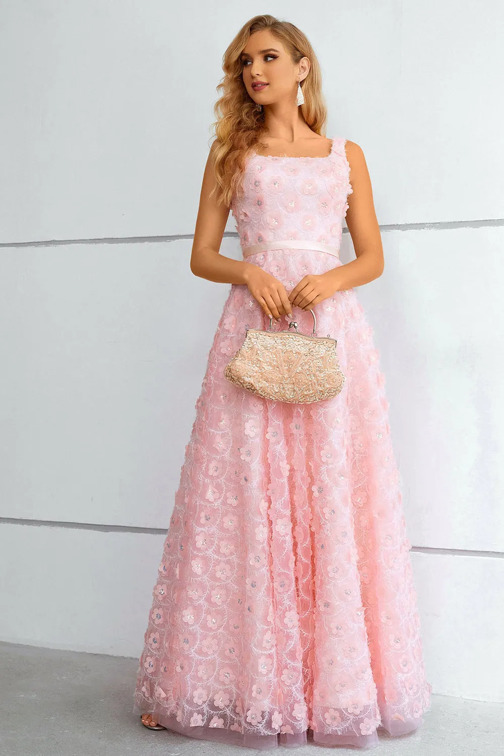 Pink A-Line Lace-Up Back Prom Dress With 3D Flowers