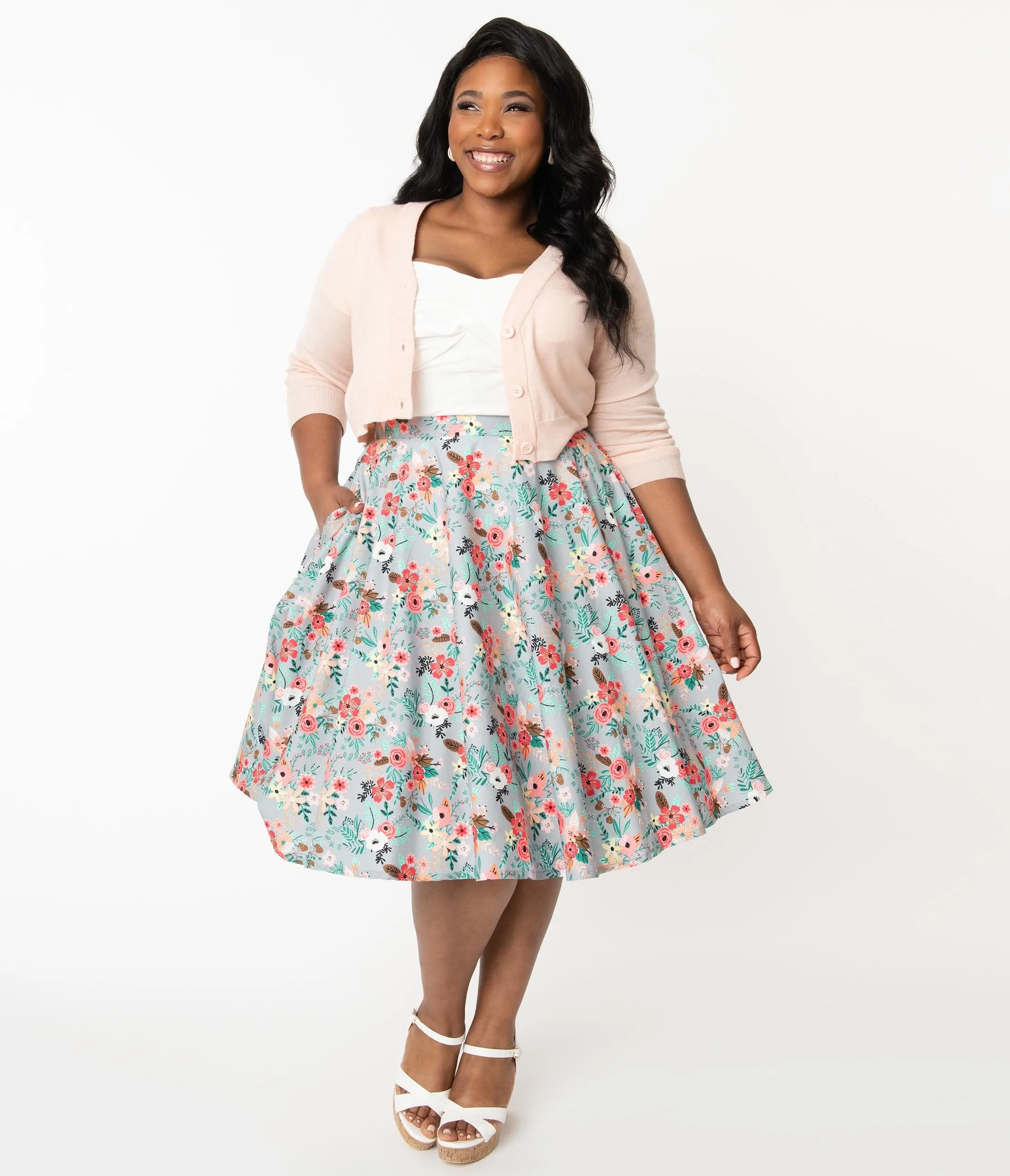 Plus Size Grey & Happy Floral Print Swing Skirt