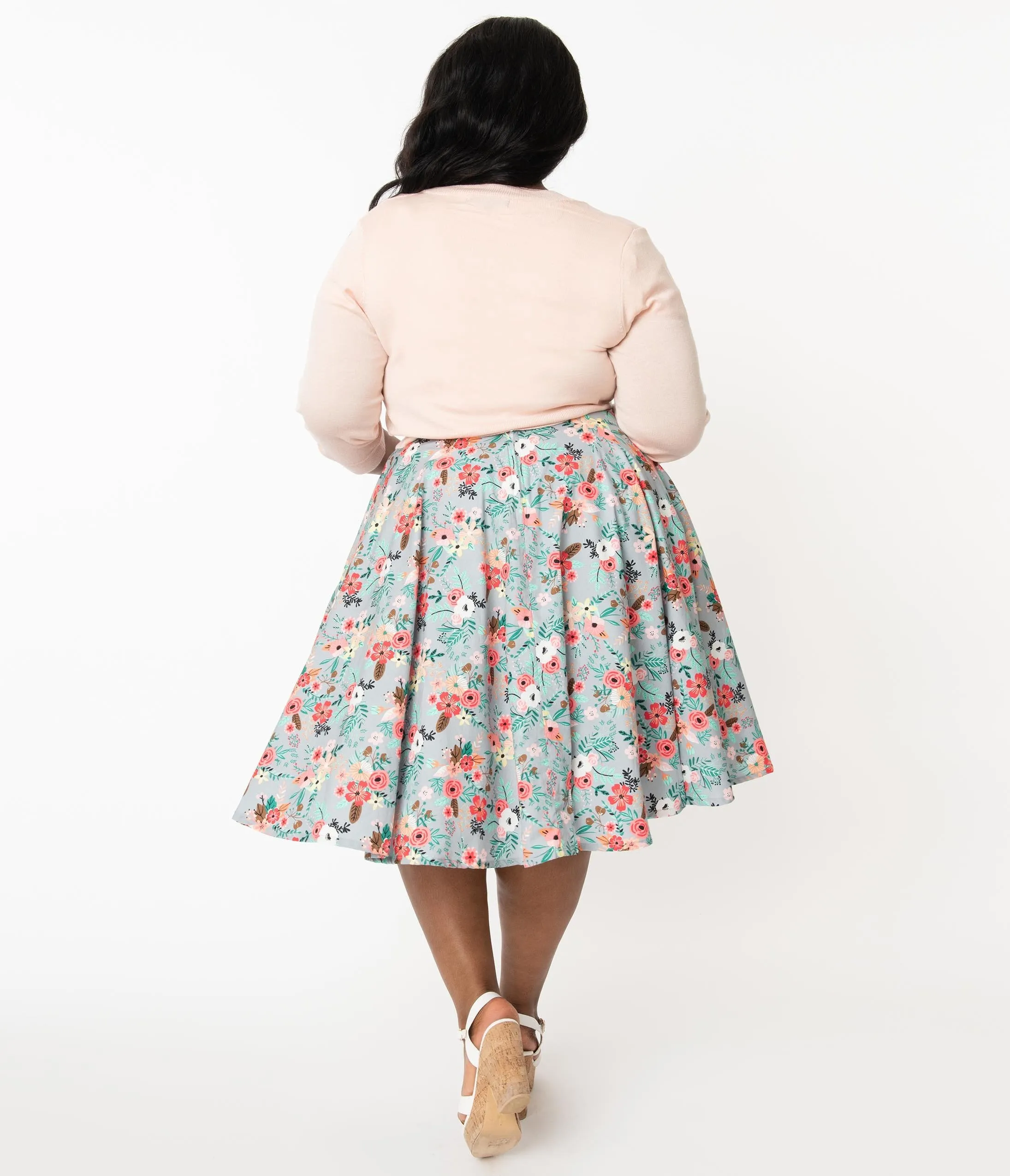 Plus Size Grey & Happy Floral Print Swing Skirt