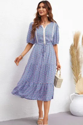 Printed Drawstring Waist Notched Neck Dress