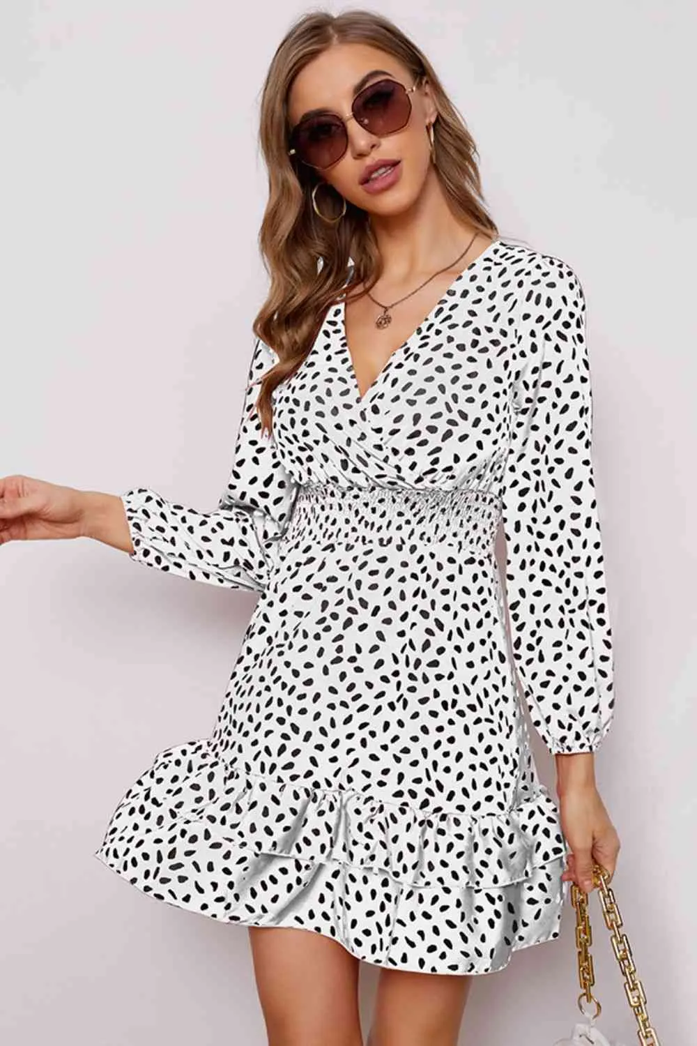 Printed Surplice Neck Puff Sleeve Ruffle Hem Dress