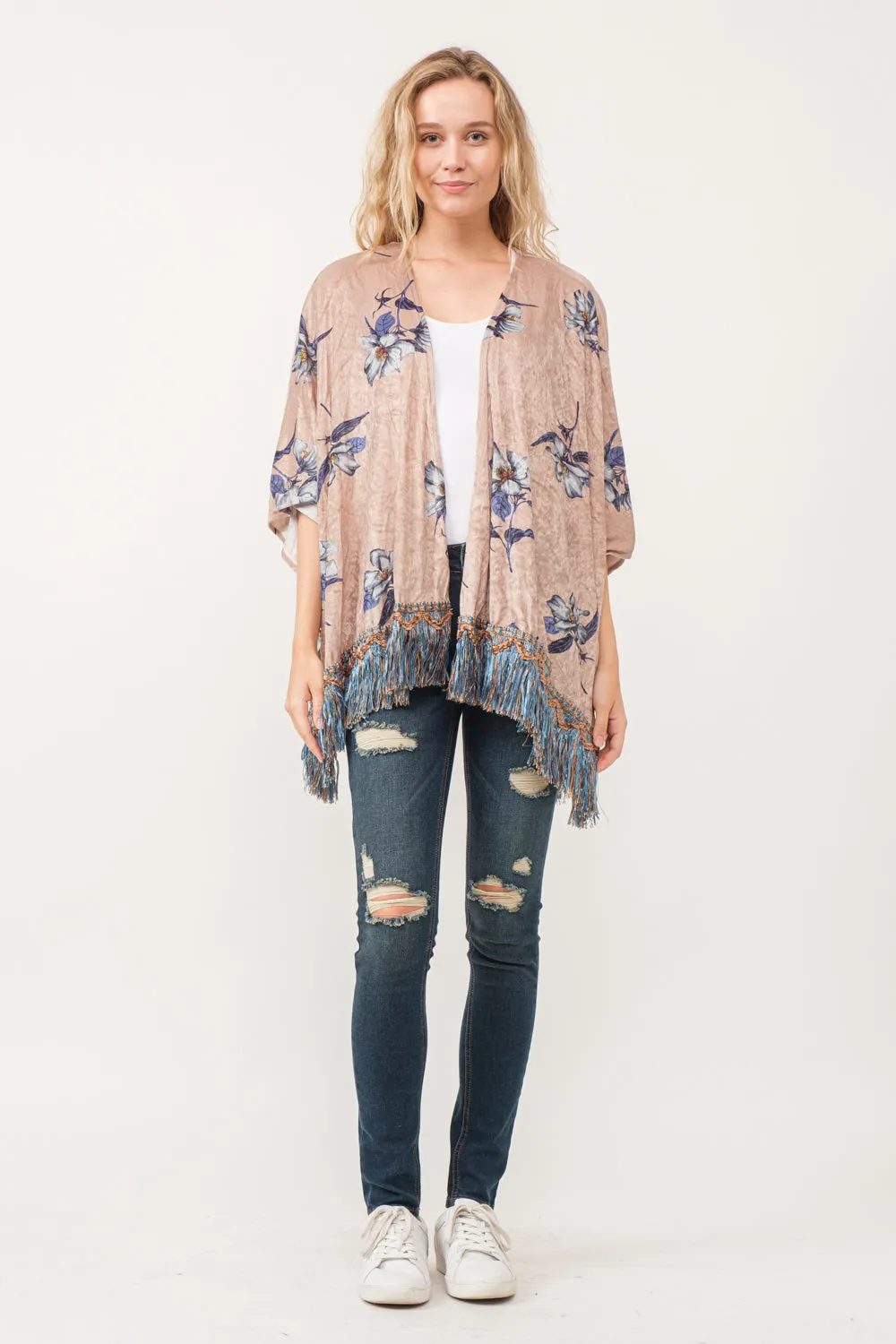 RAJ SOPHIA FAUX VELVET FLORAL FRINGE KIMONO OYSTER GRAY