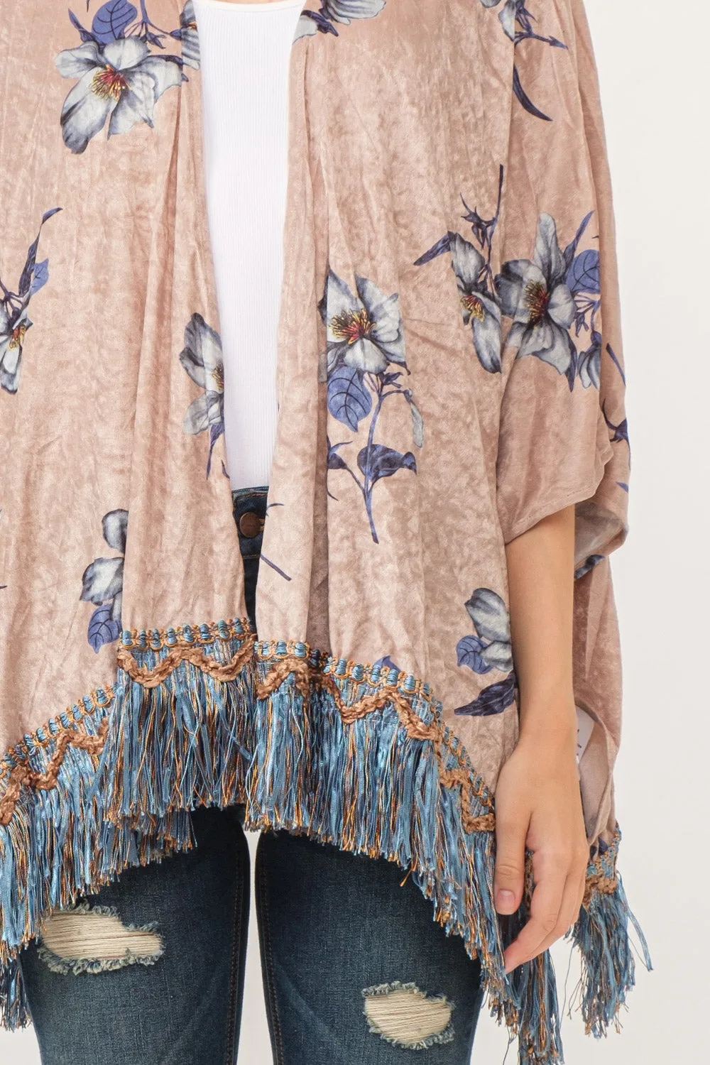 RAJ SOPHIA FAUX VELVET FLORAL FRINGE KIMONO OYSTER GRAY