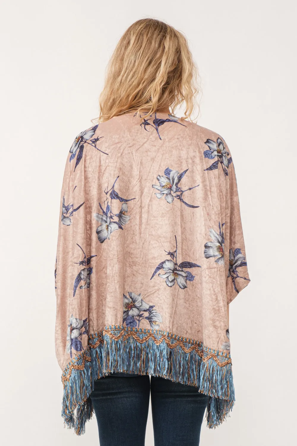 RAJ SOPHIA FAUX VELVET FLORAL FRINGE KIMONO OYSTER GRAY