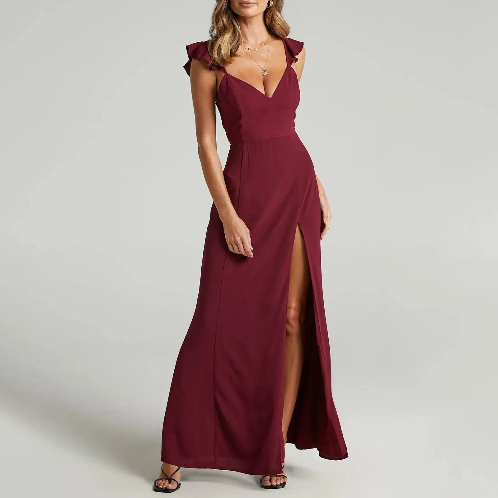 Ruched Ruffle Lace Wedding Guest Cocktail Dress Long Elegant Wedding Guest Casual Sleeveless Dress