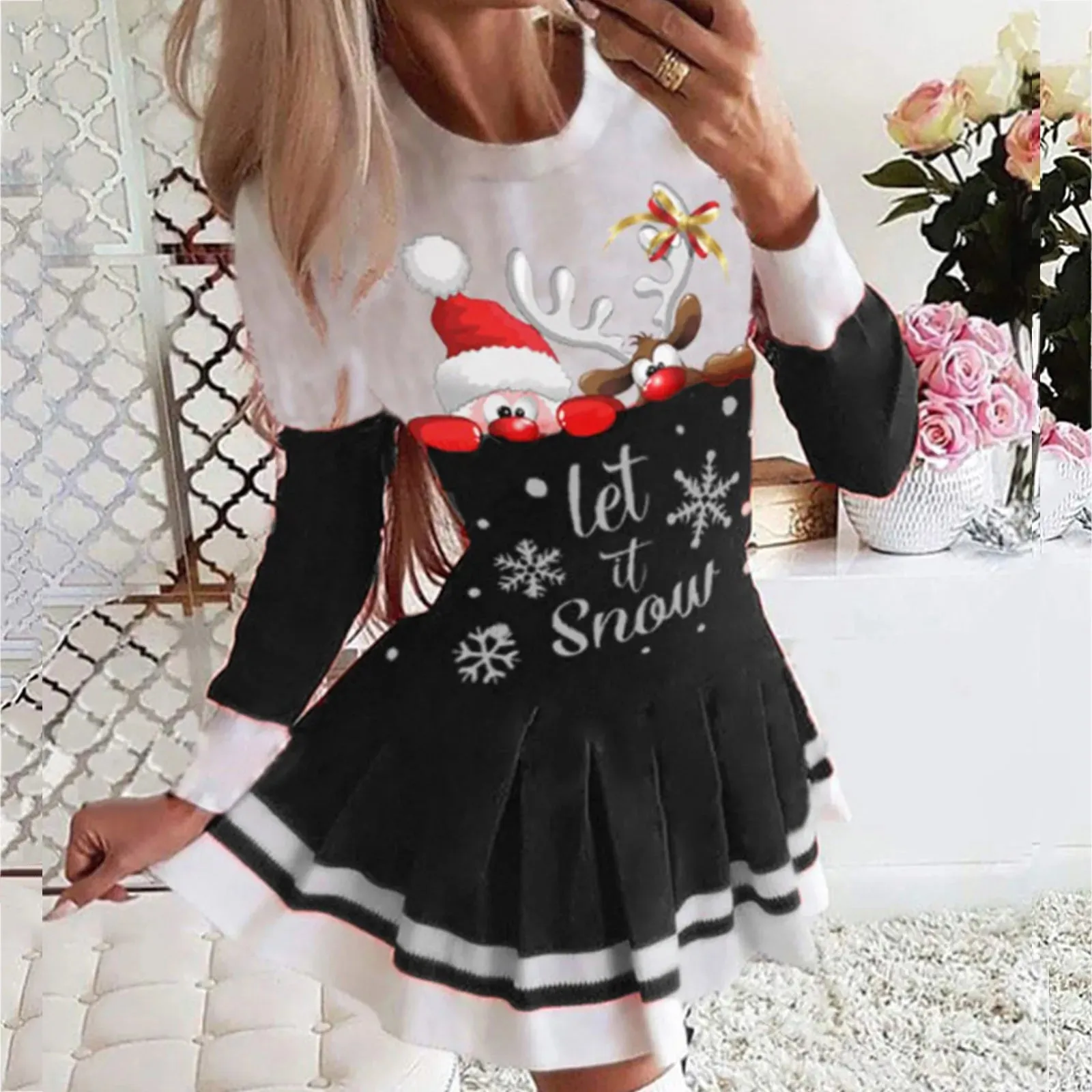 Santa Claus Snowflake Print Long Sleeve Red Xmas New Year Party Casual Christmas Dress