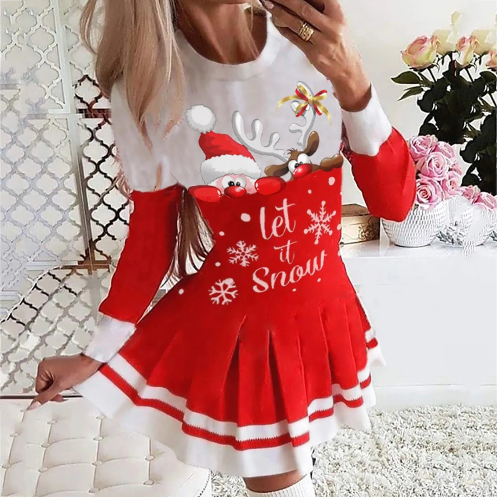 Santa Claus Snowflake Print Long Sleeve Red Xmas New Year Party Casual Christmas Dress