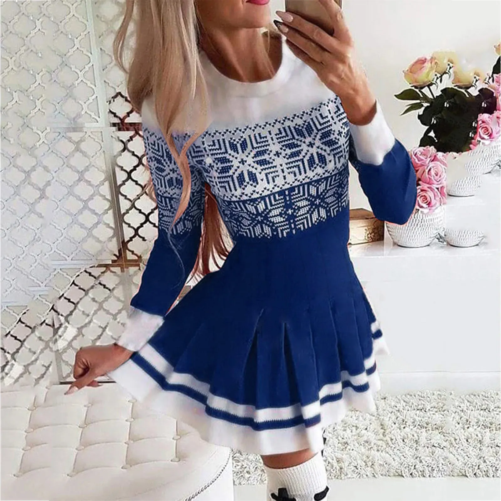 Santa Claus Snowflake Print Long Sleeve Red Xmas New Year Party Casual Christmas Dress