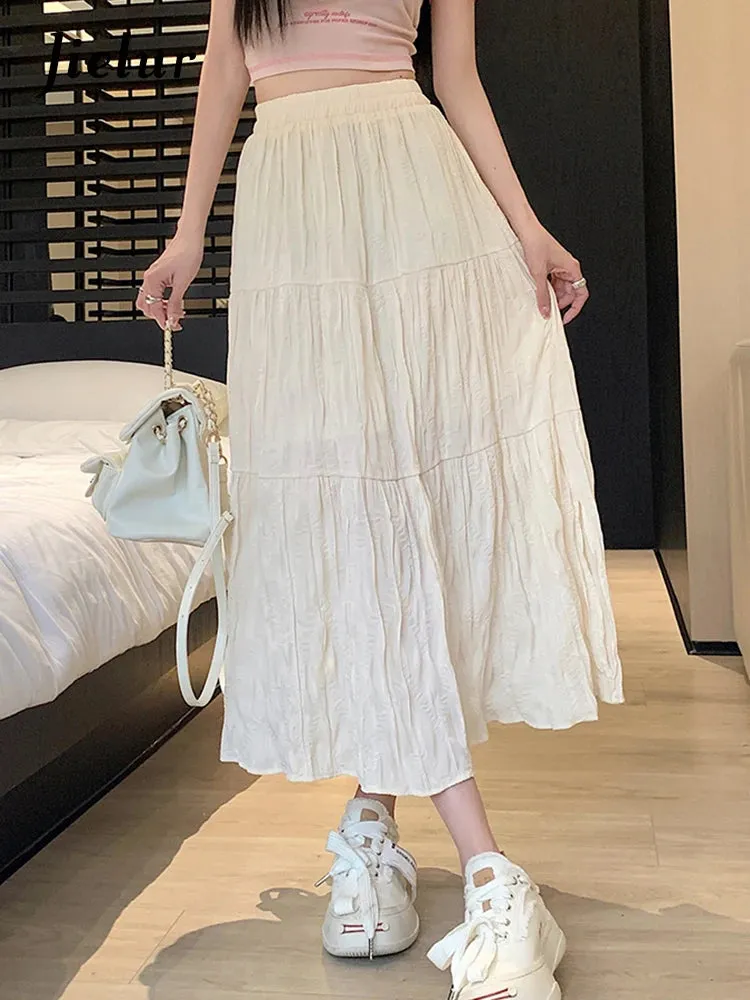 Summer Elastic Waist Pleated Women's Skirts Solid Color A-line Casual Female Skirts Korean Style Simple Streetwear