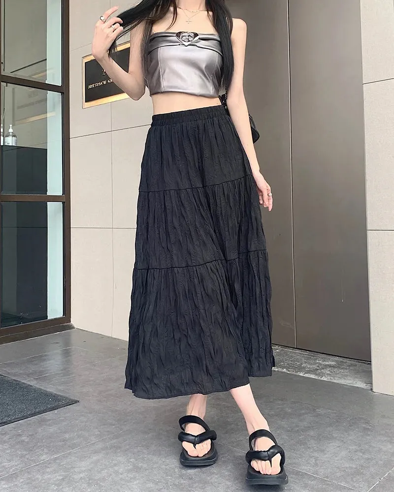 Summer Elastic Waist Pleated Women's Skirts Solid Color A-line Casual Female Skirts Korean Style Simple Streetwear