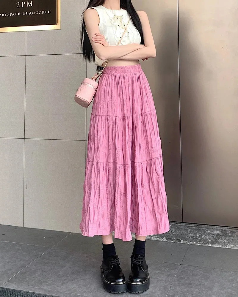 Summer Elastic Waist Pleated Women's Skirts Solid Color A-line Casual Female Skirts Korean Style Simple Streetwear