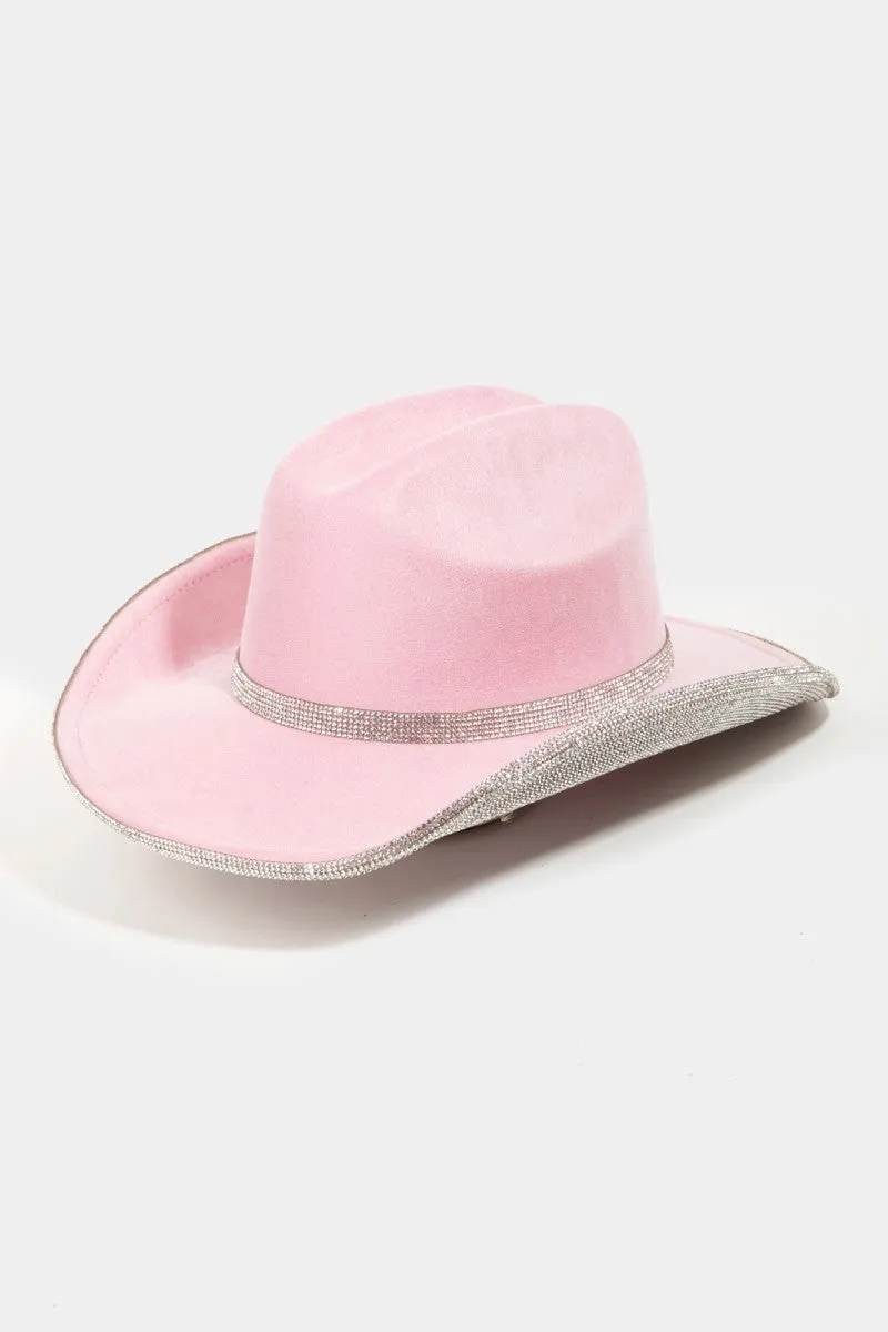 TEEK - Light Pink Fame Pave Rhinestone Trim Faux Suede Hat